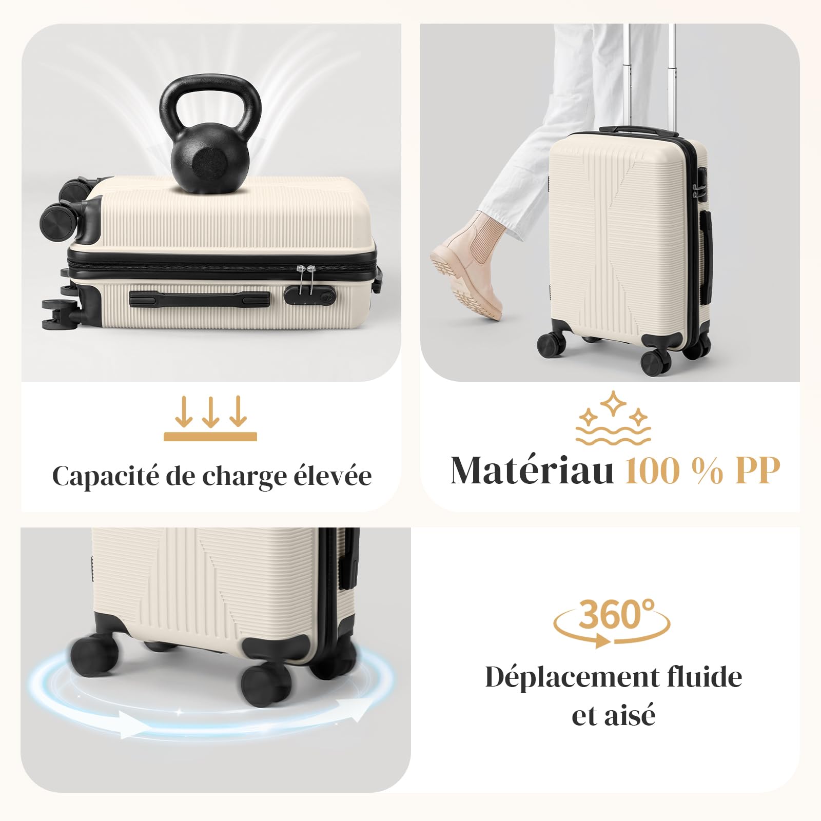 LEADZM Set de 5 Valises en PP, Valise Grande Taille & Cabine (Blanc crème)