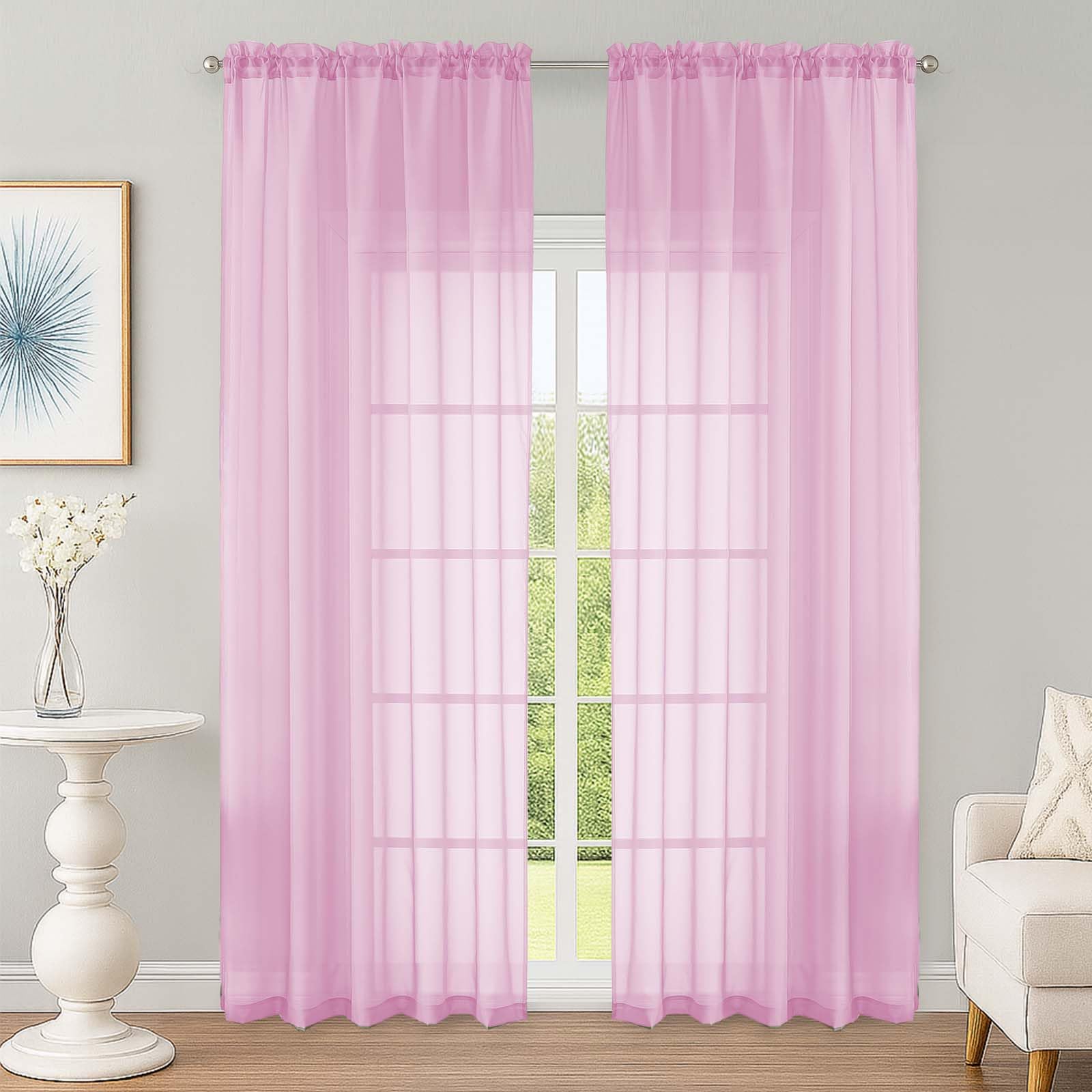 OWENIE Pink Sheer Curtain 90 Inches Long 2 Panels Set, Solid Filmy Drapes for Living Room Bedroom, Elegant Window Voile Sheer Curtain Panels Drapes, 2 Pcs, Each 59" Wx90 L Inch