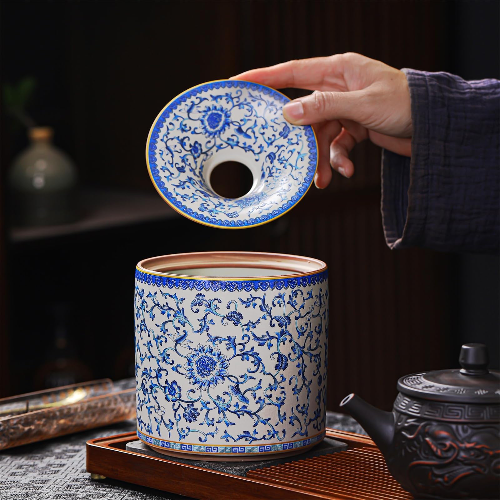Décoration d'intérieur Cendrier en céramique à motifs, avec couvercle, anti-poussière et récipient for les restes de thé, idéal for la maison le bureau pour le bureau(Moyen)