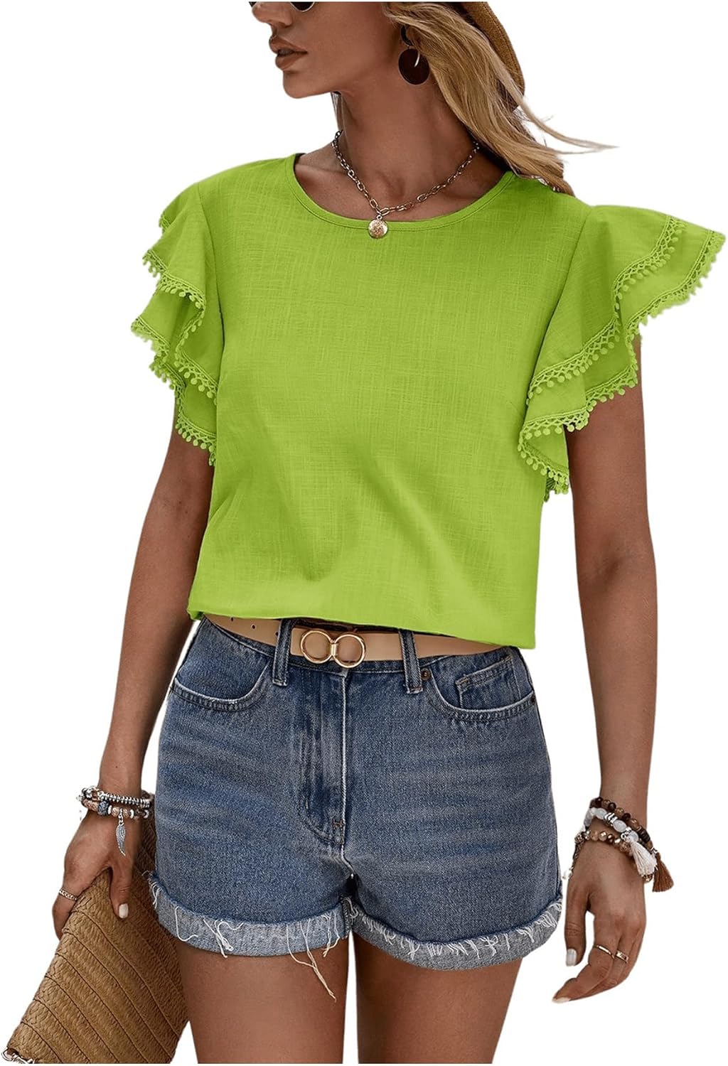 Floerns Women's Solid Butterfly Cap Sleeve Crewneck Contrast Lace Blouse Top - Image 6