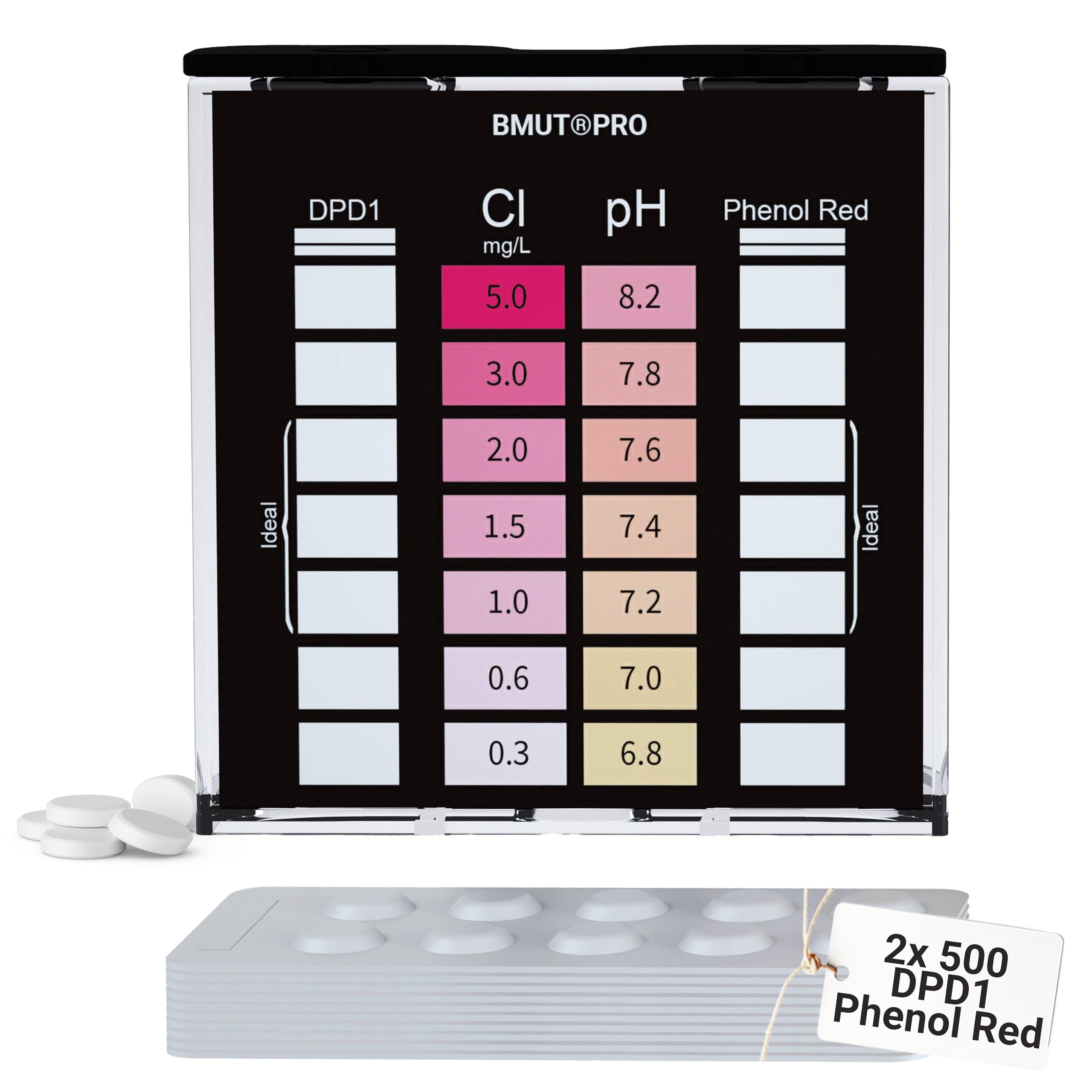 Pool Tester pH e cloro 2 in 1 | Tester dell'acqua | DPD1 e fenolo rosso | compresse reagenti (2 x 500 pezzi)