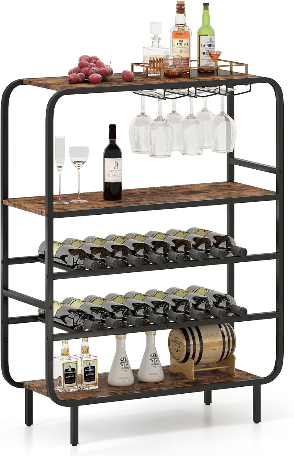Giantex Industrial Wine Rack Freestanding Floor, 16-Bottle 5-Tier Wine Display Storage Shelf with 12-Glass Holders, Metal Liquor Display Stand for Kitchen, Home Bar, Living Room, Dining Room
