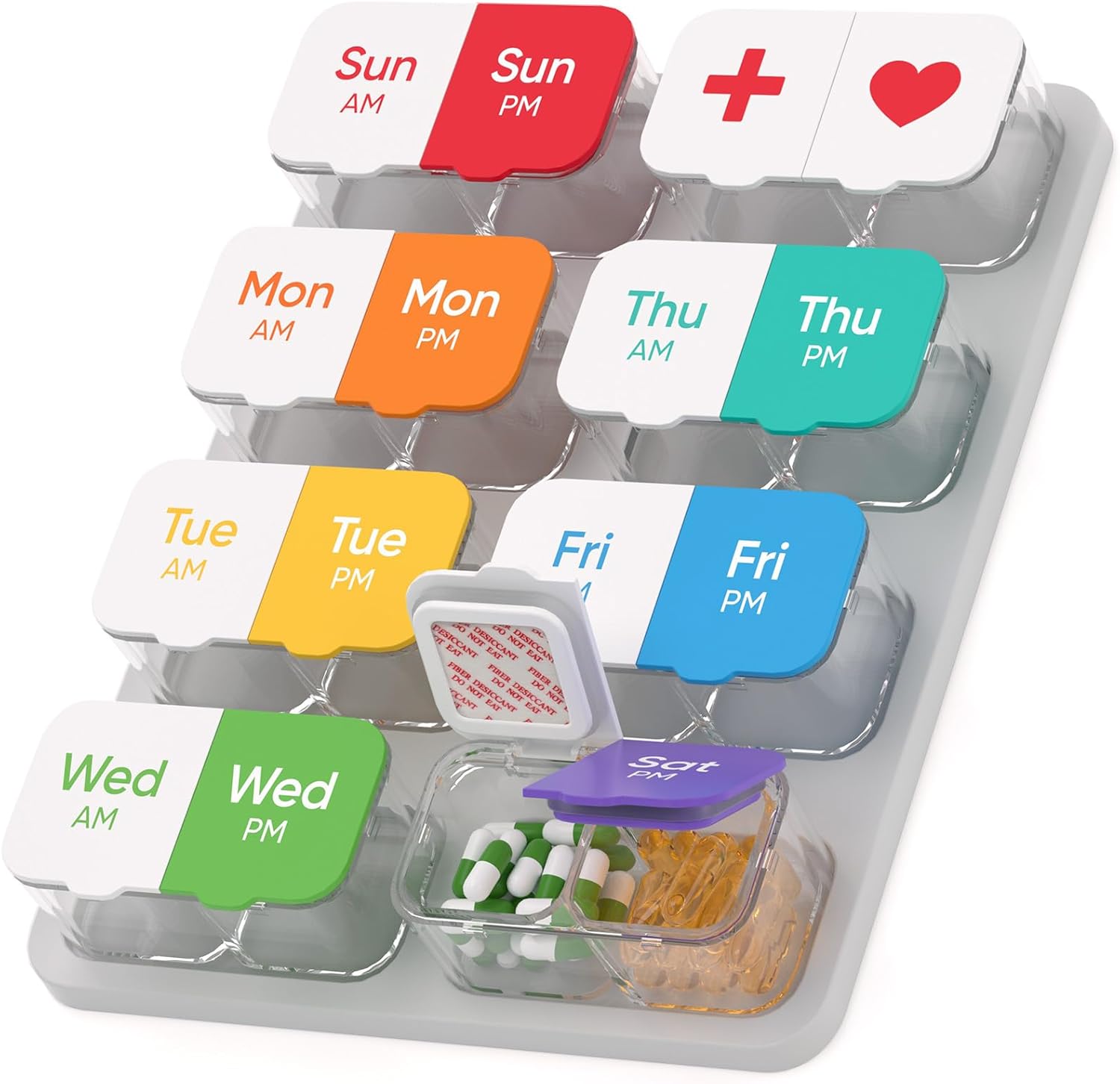 Extra Large Pill Organizer with Desiccant Pads, Moisture-Resistant & Detachable Weekly Pill Box 2 Times a Day, Wide Opening for Vitamins and Daily Pills, Easy for Seniors, Home & Travel Use