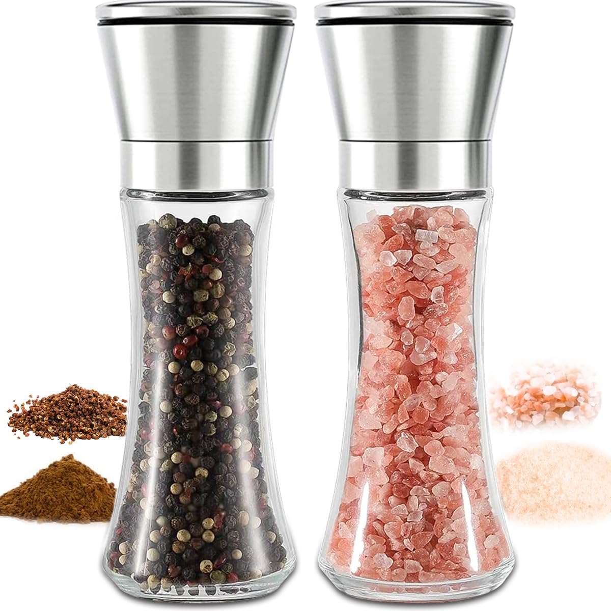 GREENABLE - TABLEWARE SOLUTION 2Pcs Manual Salt and Pepper Grinder, Stainless Steel and Glass Spice Grinder with Adjustable Roughness for Pepper, Spices or Sea Salt (6oz/180ml)