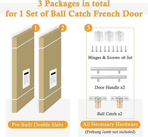 Miniatura 3 de Puertas francesas con cierre de bola de 48 x 80 pulgadas, puertas dobles preacabadas y pintables de vidrio esmerilado con cierres de bola, bisagras