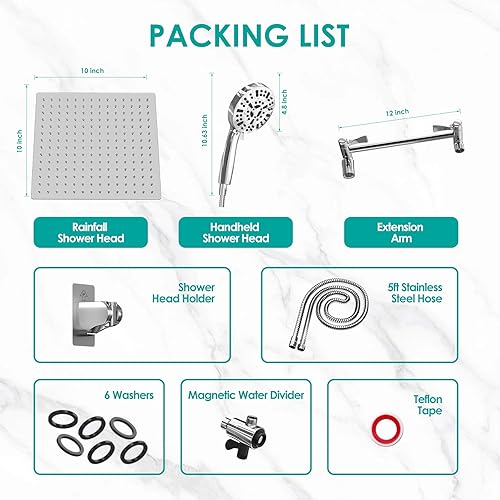Miniatura 8 de Cabezal de ducha de lluvia magnético de 10 pulgadas con combo de rociador de mano, 8+2 modos de lavado eléctrico integrado, cabezal de ducha de