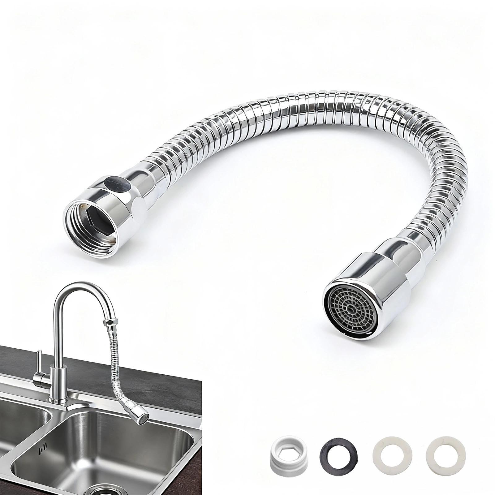 Extensión de Grifo de Acero Inoxidable de 30 cm, Ajustable 360°, con Adaptador de Rosca Interior y Exterior y Juntas, Adecuado para Grifos de Cocina y Baño
