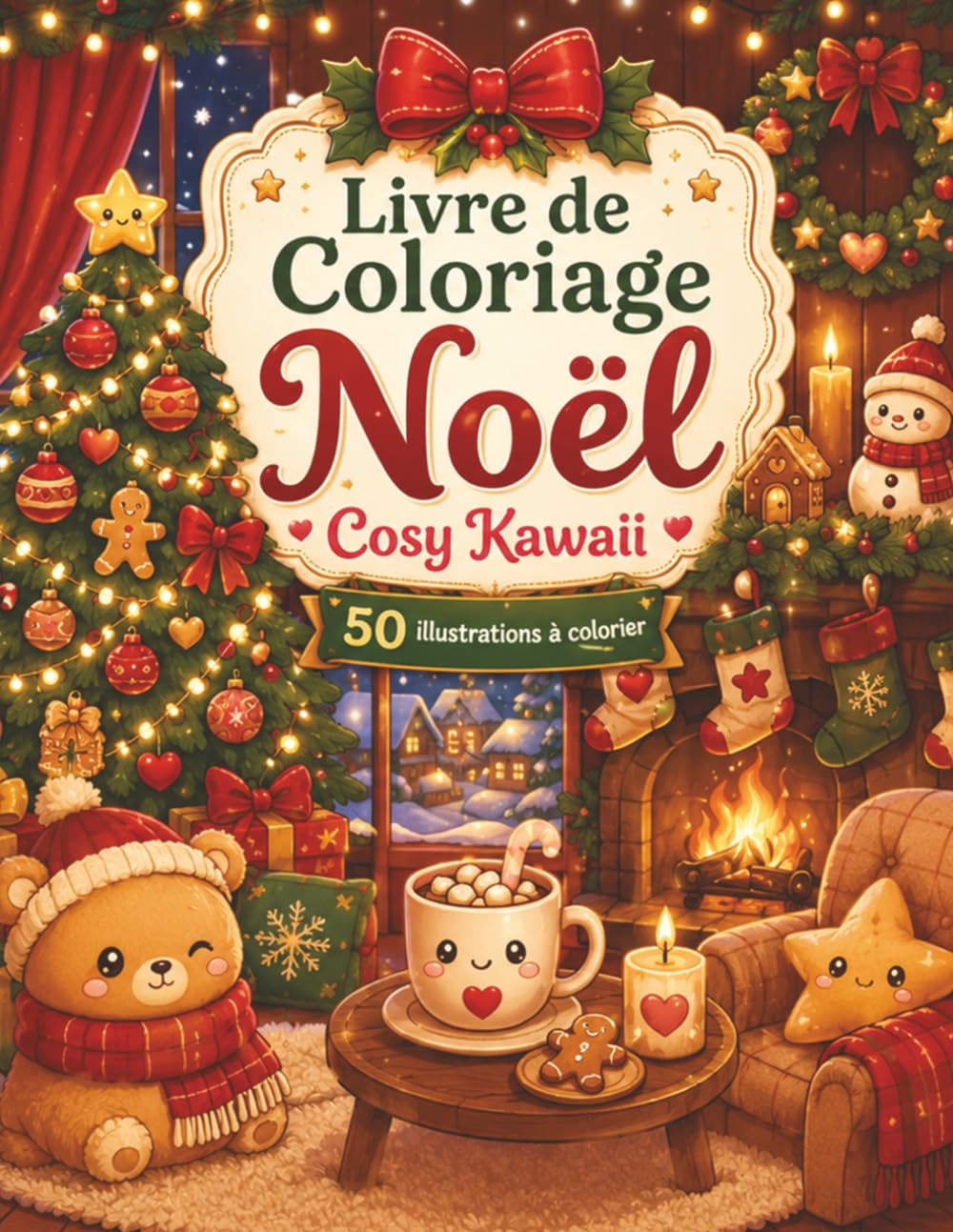 Livre de Coloriage Noël Cosy Kawaii: 50 rêveries magiques à colorier pour adultes et ados — cabane cosy, lumières dorées et forêt enneigée