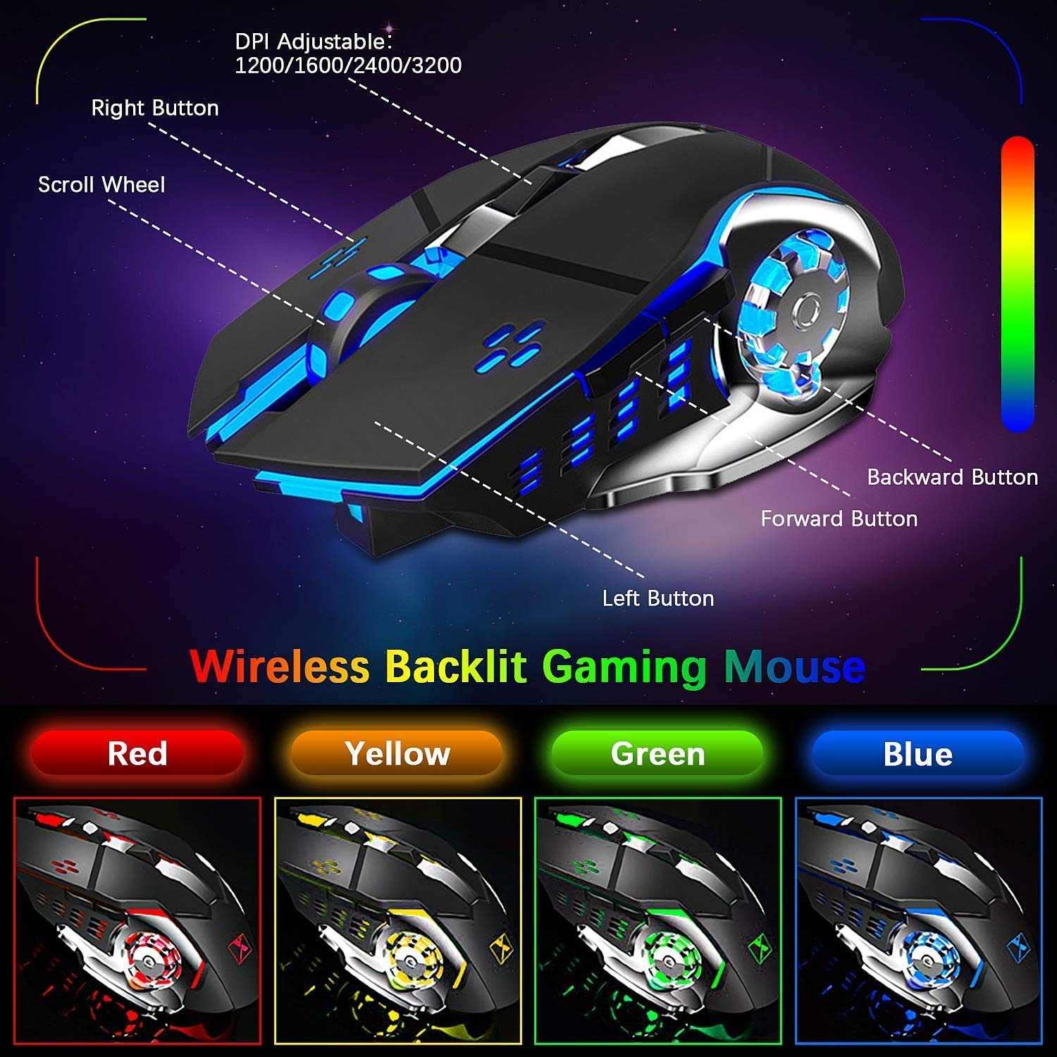Juego combinado de ratón con teclado recargable inalámbrico de 2,4 GHz Batería larga de 4800 mAh 16 modos de color Teclado de jugador de tacto mecánico con LED RGB 2400 DPI Ratón óptico de respiración