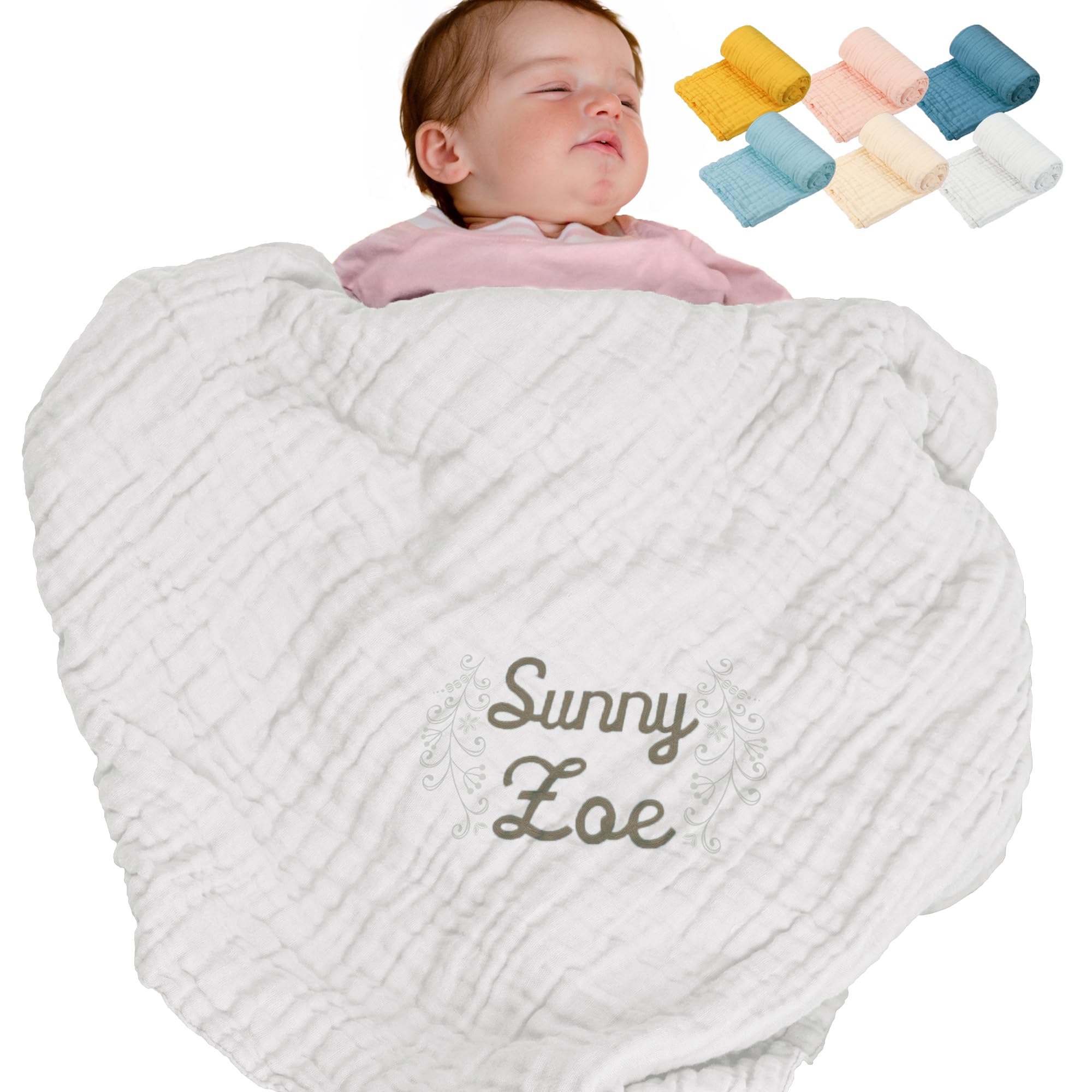 REQTYUI Personalized Muslin Swaddle Blanket with Custom Embroidery - Soft and Cozy for Newborns, an for Baby Showers!（White）