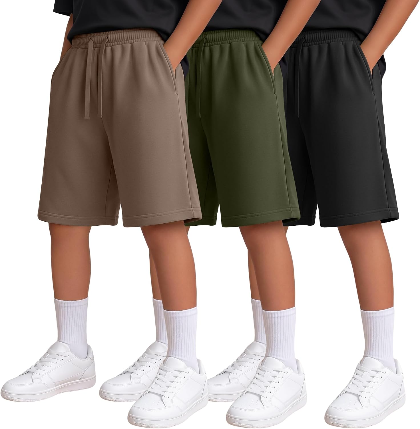 3 Pack Boys Sweat Shorts Kids Casual Athletic Shorts Youth Wide Leg Drawstring Summer Clothes with Pockets