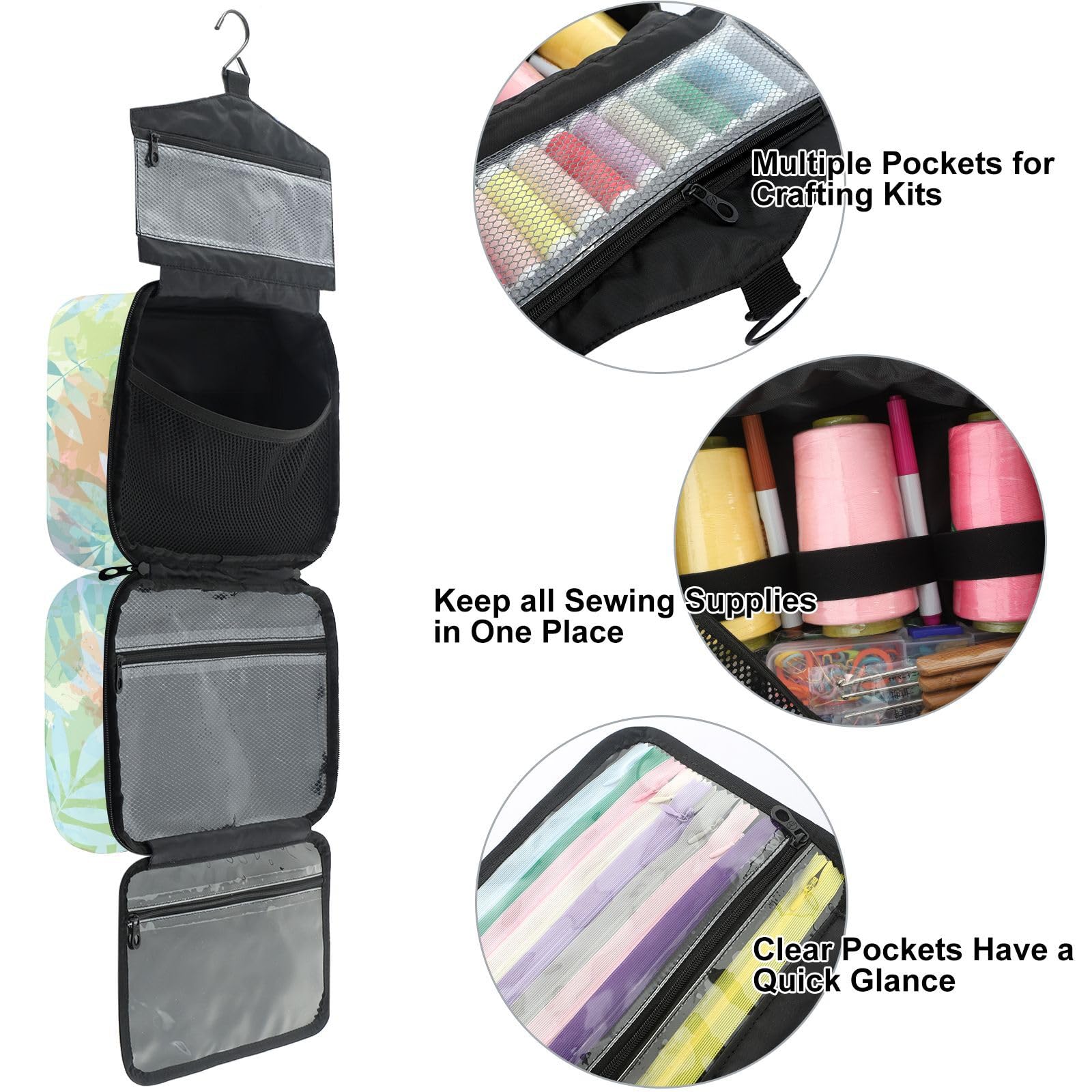 YNNALE Sewing Supply Organizer Bag, Watercolor Green Tropical LeafsPortable Sewing Bags with Pockets&Hanger, Sewing Storage Box Case for Sew Supplies/Kit/Tools/Accessories (BAG ONLY)