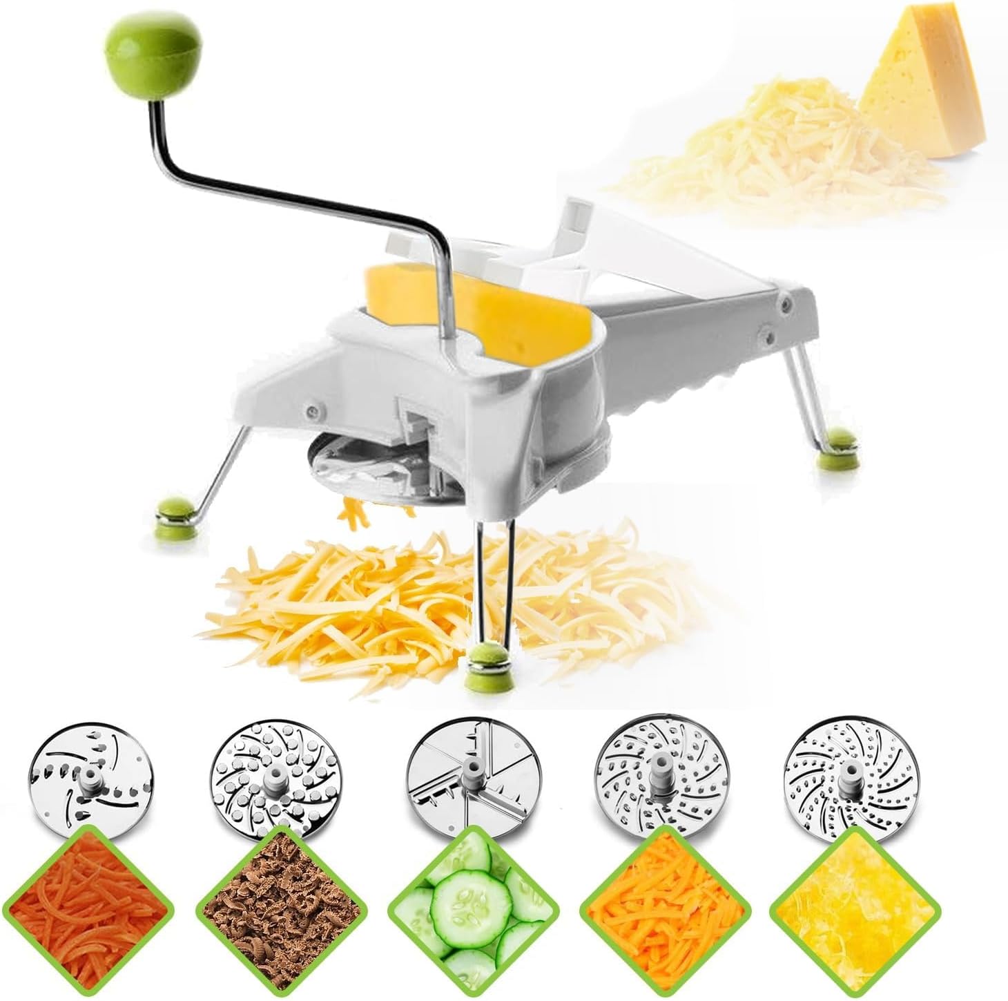 Mouli Rotary Cheese Grater 5-in-1 with Hand Crank | Made in Spain | Mandoline Slicer Vegetable Chopper for Parmesan Cheese, Nuts & Fruits | Includes 5 Stainless Steel Interchangeable Blades