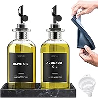 Verspace Clear Glass Olive Oil Dispenser Bottles Set of 2 with Silicone Tray & 40 Labels - Soy Sauce & Syrup Dispenser