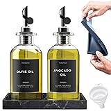 Clear Glass Olive Oil Dispenser Bottles For Kitchen With Silicone Tray & 40 Labels, Soy Sauce Dispenser, Coffee Syrup Dispenser, Olive Oil Bottles Set Of 2, Black Black w/ Clear Bottles + Tray 12oz / 350ml (Set Of 2)