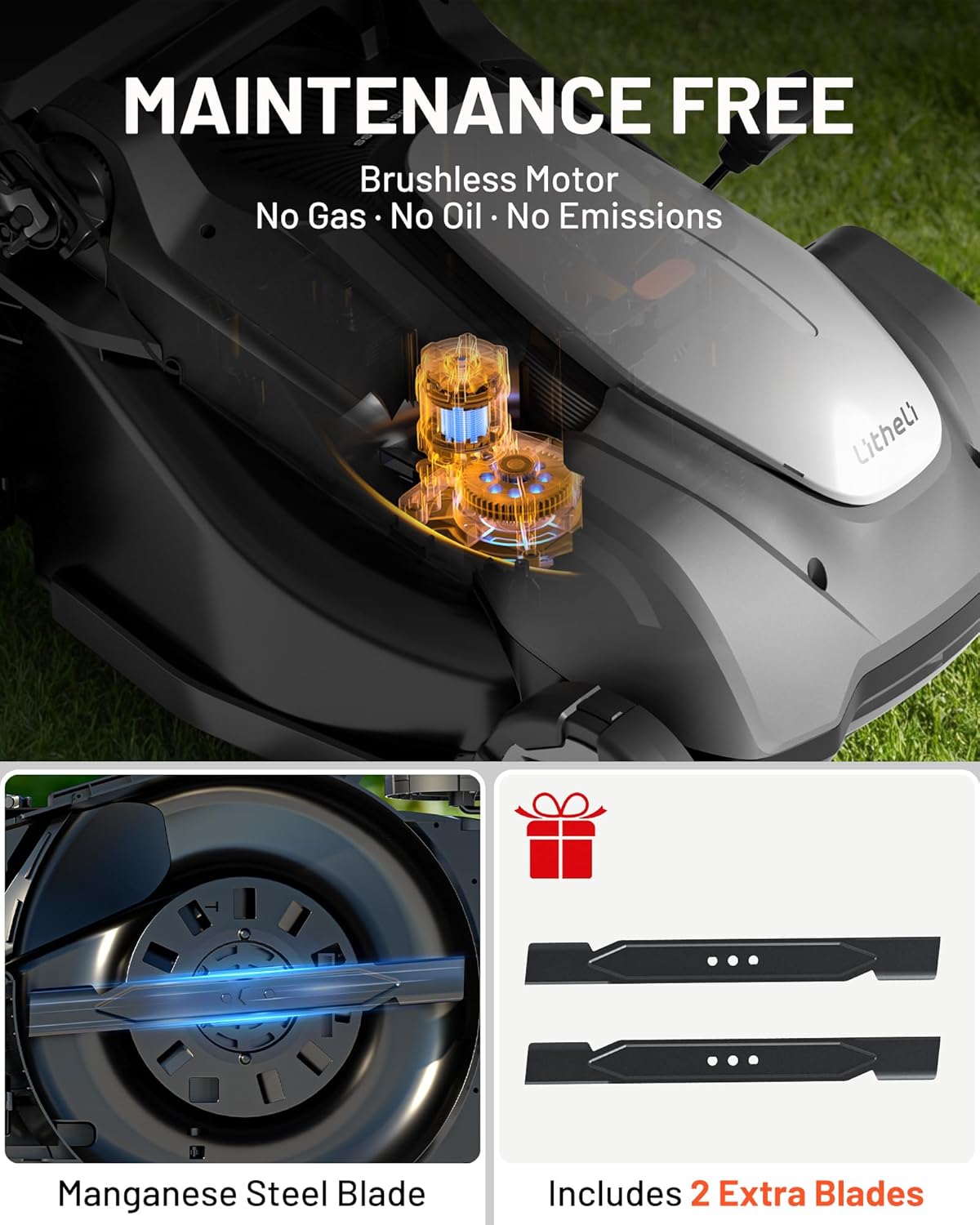 Litheli 18-inch 40V Brushless Lawn Mower for Garden Yards, Lightweight Cordless Lawn Mower Battery Powered with 6-Position Height Adjustment, 2x5.0Ah Battery Included