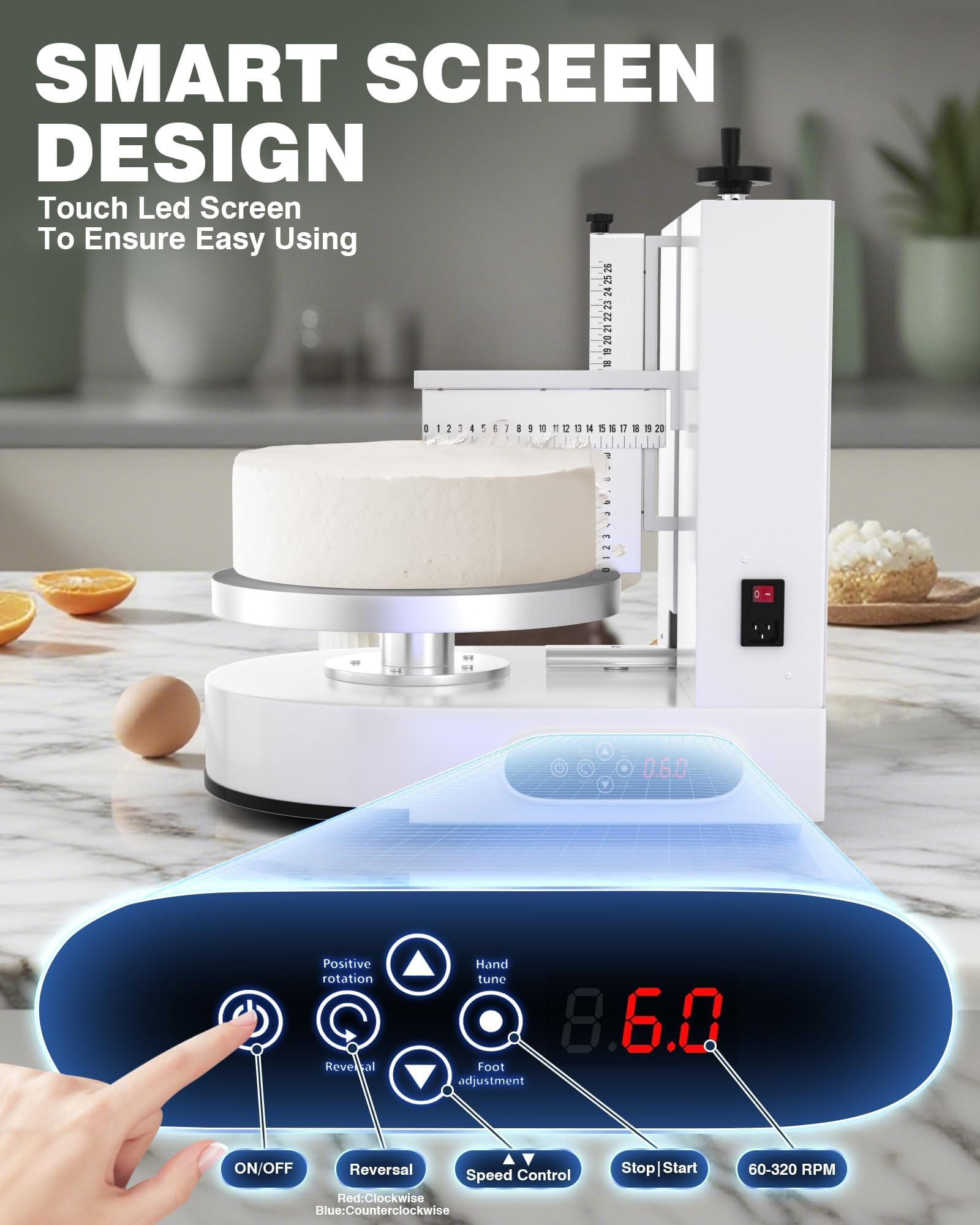 Lisseur de gâteau électrique et machine à glaçage de 10,2 cm - Plateau tournant automatique 60 320 tr/min avec grattoirs gradués - Parfait pour la décoration de gâteaux et le glaçage - Blanc
