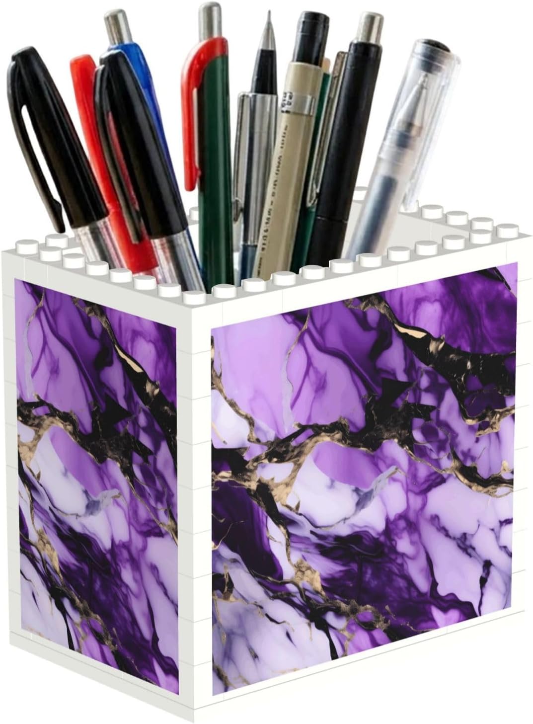 Purple Marble Print Uv Print Block Pencil Cup, Detachable Creative Block Desk Organizer Office Abs Pen Holder