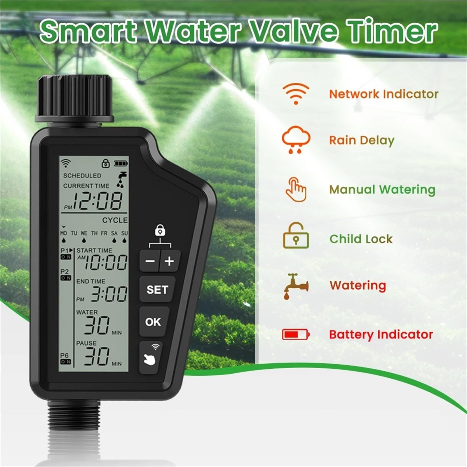 Valvola da giardino intelligente, timer digitale for irrigazione, rubinetto programmabile, tubo flessibile, controller for irrigazione automatica impermeabile