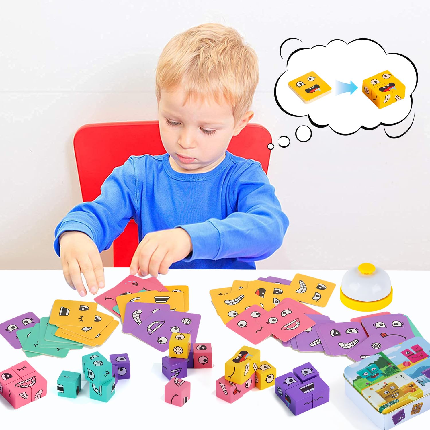Drewniane puzzle w kształcie kostki, do wyrażania, drewniane kostki, twarze, puzzle, kostka budowlana, 3D, Face Changing, Magic Cube, gra dla dzieci 3, 4, 5, 6, 7, z dzwonkiem stołowym