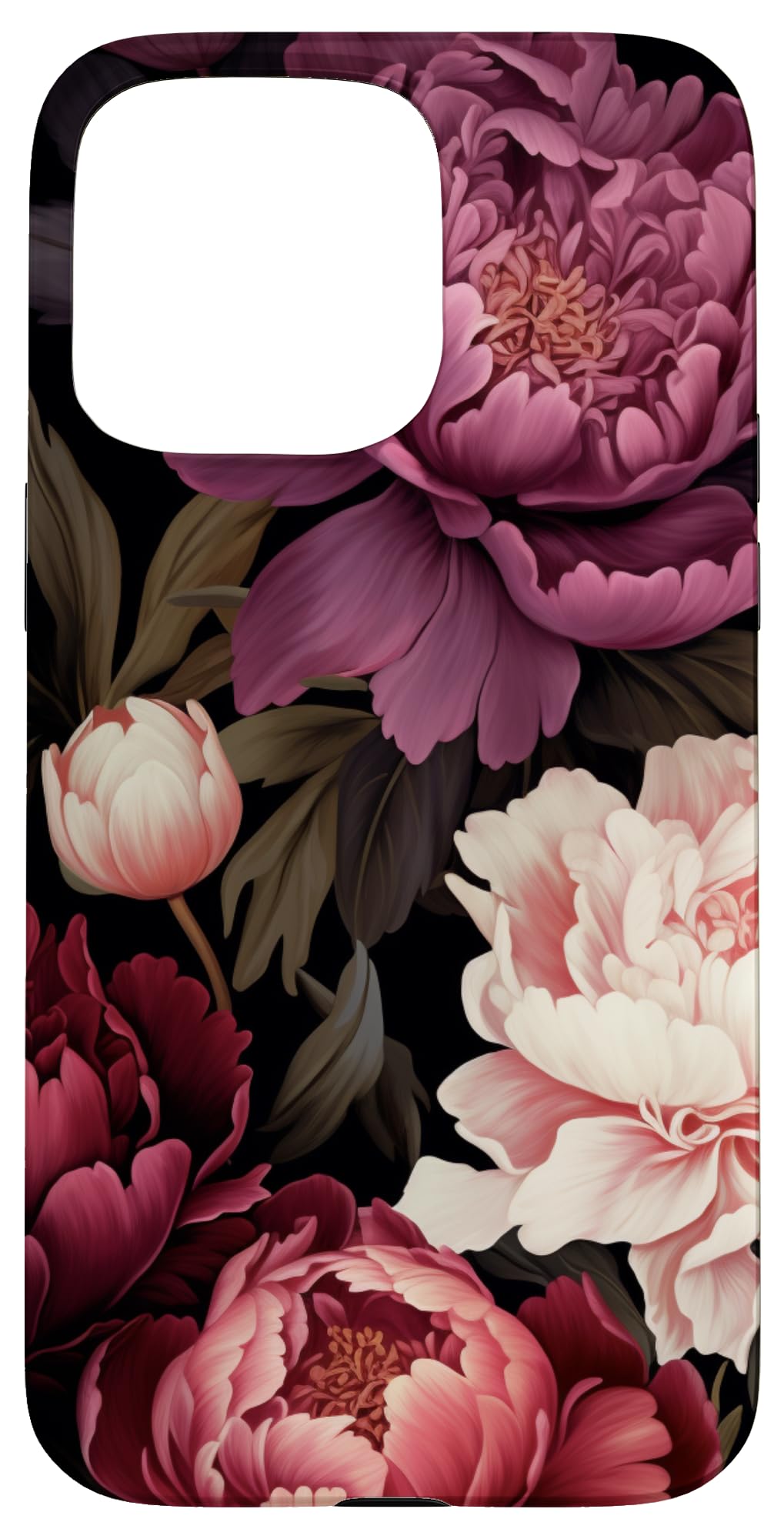 Magenta and Blush Pink Peony Flower Pattern Dark Floral Case for iPhone 15 Pro Max