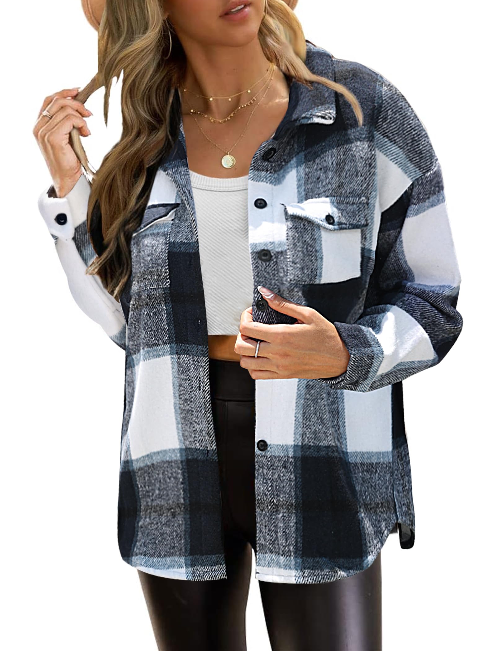 Zeagoo Damen Hemdjacke Karierte Flanellhemd Langarm Loose Shacket Flanell Bluse Jacke mit Knöpfen Übergangsjacke