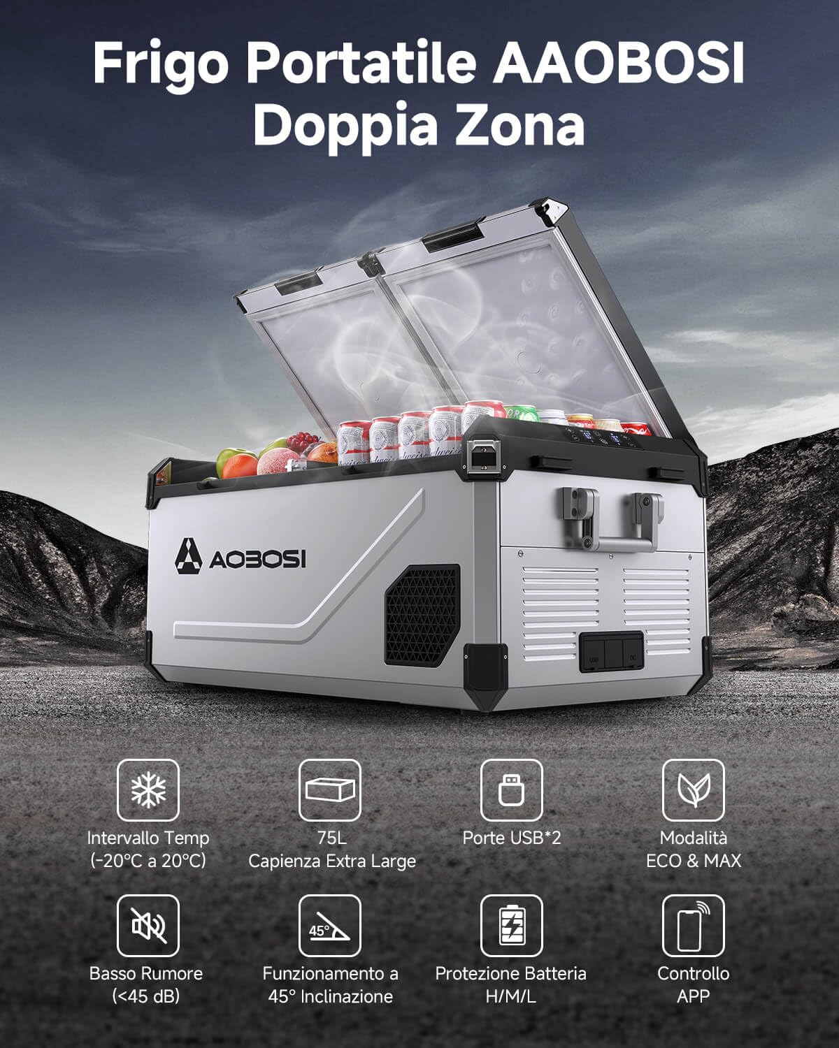 AAOBOSI Frigo Portatile Doppia Zona 75L, Scocca Acciaio Inox & Interno in Alluminio Stampato, 12/24V & 100-240V, Frigo Da Campeggio APP Controllo,Frigorifero Per Auto, Camper，Nautica. Contenitore
