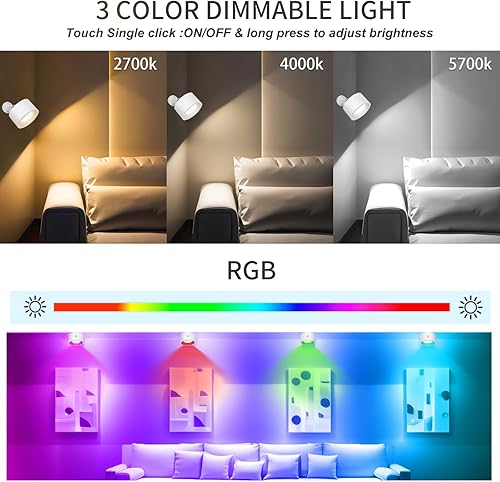 Miniatura 2 de Adetu LED Magnetic Wall Light, Rechargeable Battery, 3 Color Temperatures & RGB, Dimmable, 360 Rotation, Removable Clamp, RemoteTouch Control