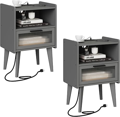 Mesita de noche con estación de carga, juego de 2 mesitas de noche, mesa auxiliar con 2 niveles de espacio de almacenamiento, para dormitorio, sala