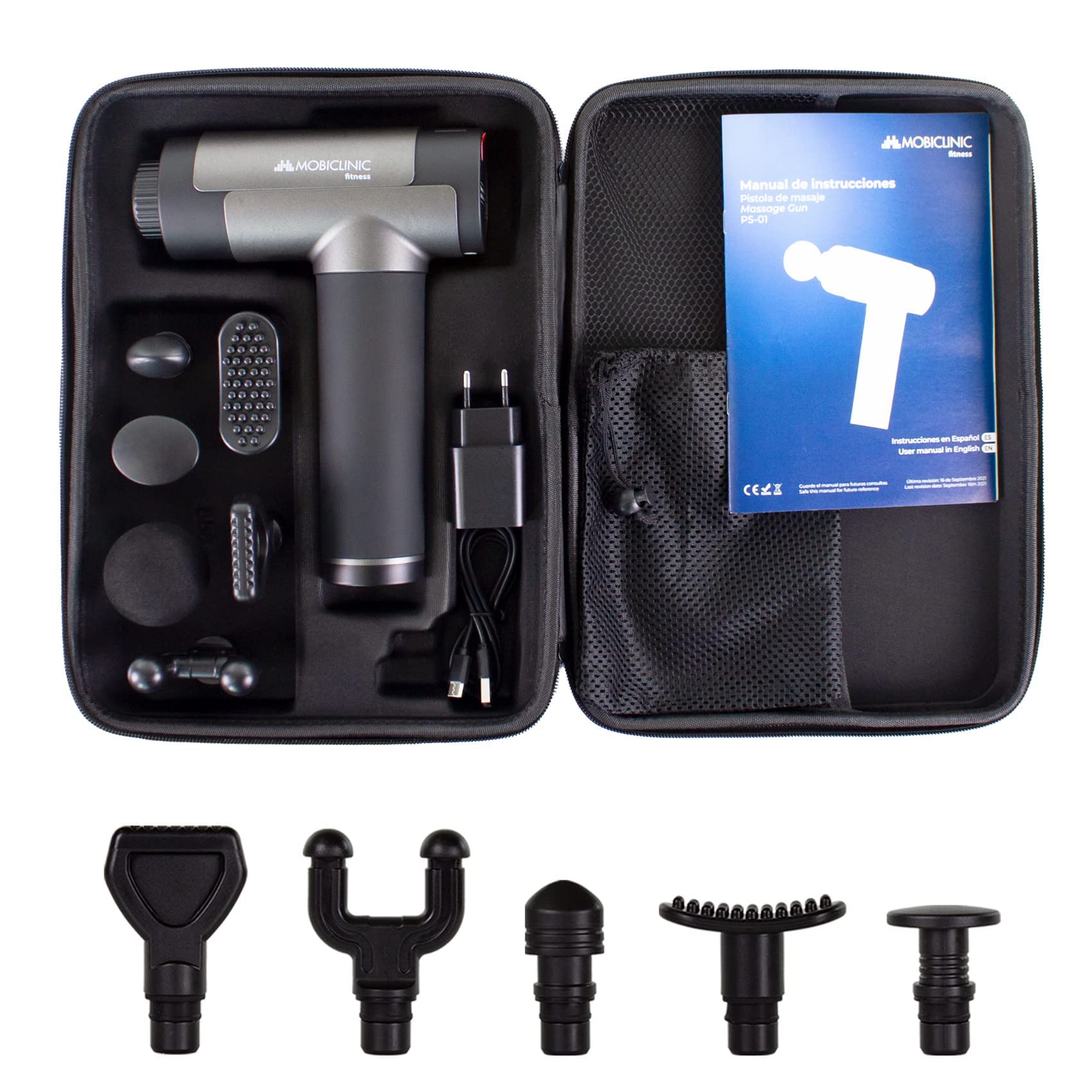 Mobiclinic®fitness, Mobiclinic, Pistolet de massage musculaire, Marque espagnole, Avec écran, 6 têtes différentes, Masseur pour tissus profonds, 30 niveaux d'intensité,