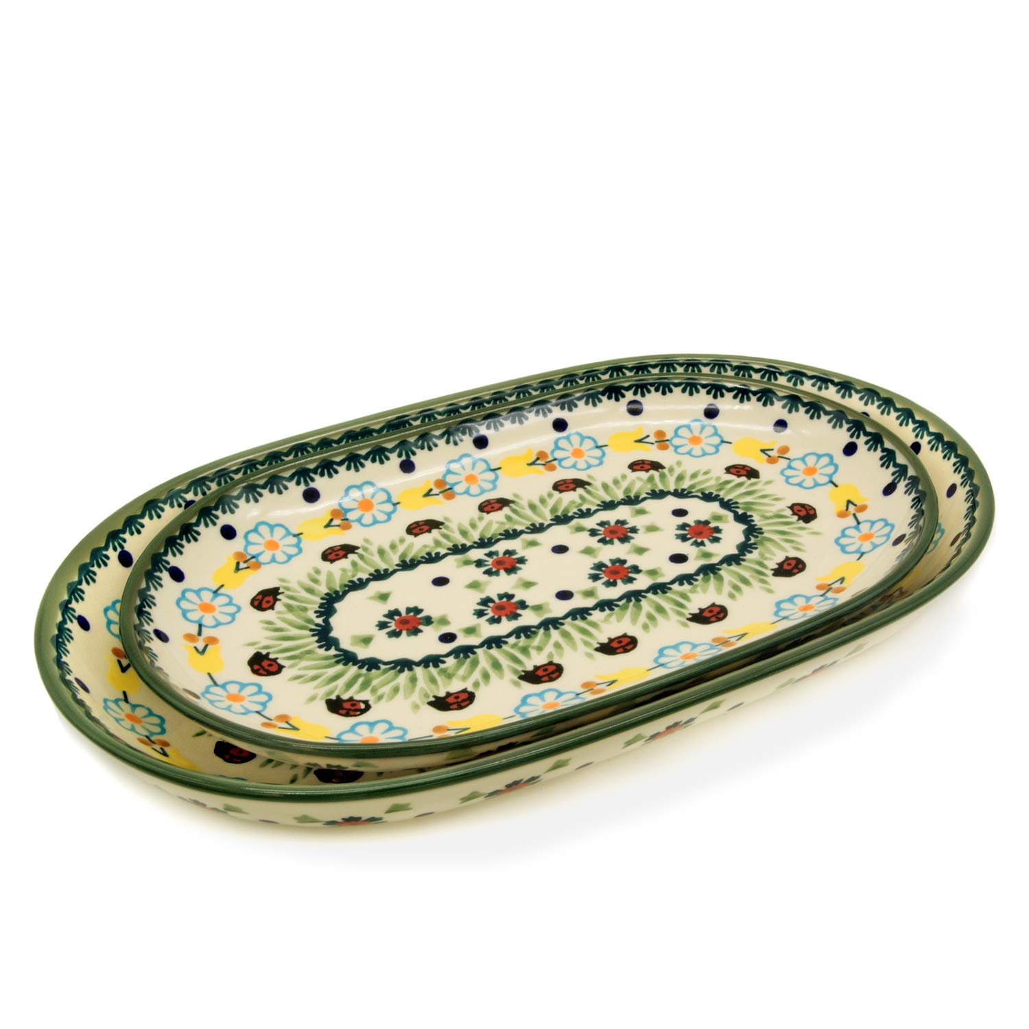 Bunzlauer Set aus 2 ovalen Servierschalen 23,5 und 27 cm lang (Dekor Marienkäfer, 23,5 und 27 cm lang)