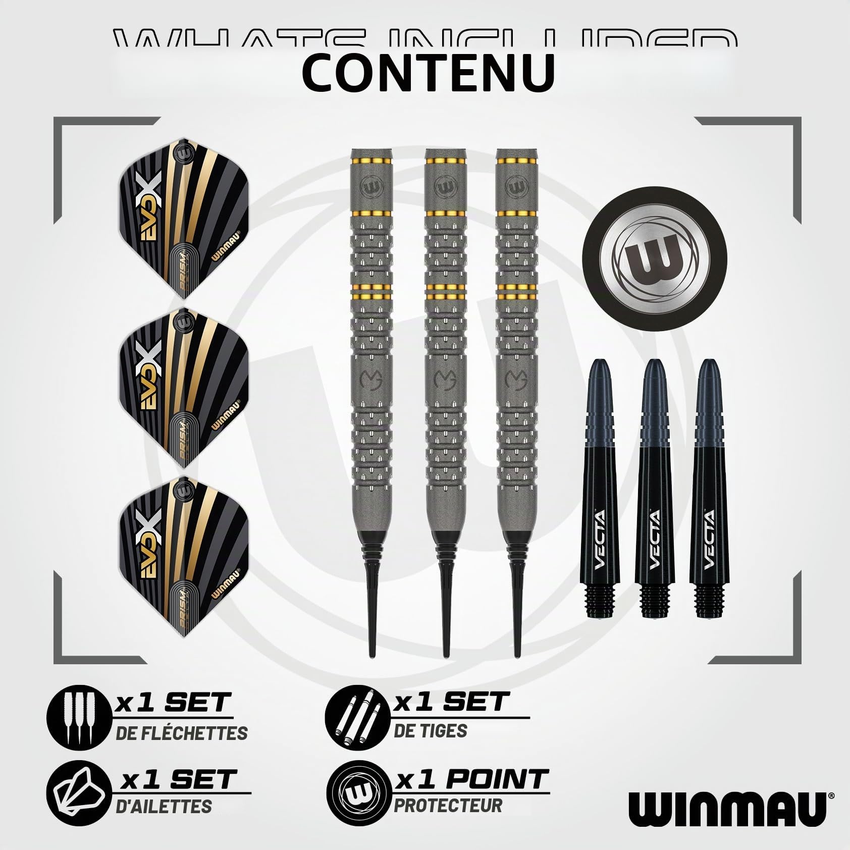 WINMAU – Michael Van Gerwen MvG - EvoX Jeu de fléchettes Professionnel avec ailettes et tiges - Disponible en Pointe Souple 18 g/Poids Total 20 g et Pointe en Acier 21 g, 22,5 g et 24 g