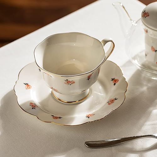 Miniatura 4 de Taza de té con leche, taza y platillo de cerámica con flor de rosa, taza de café, taza de té con bandeja de postre Juego de bebidas Agua Leche Café