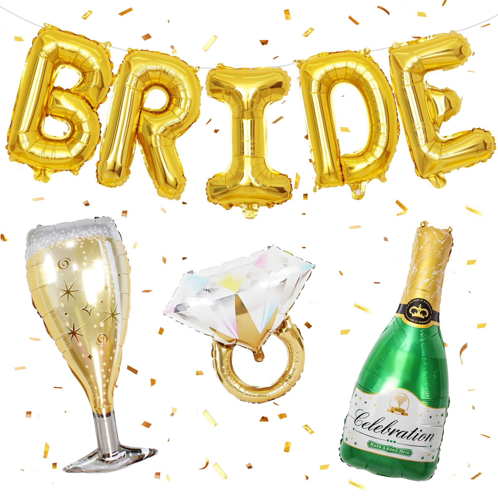 40inch Bride Balloons Gold Letters Banner, Bachelorette Party Decorations Set with Diamond Ring Champagne Bottle Balloon Glass Foil Balloon for Gold Bachelorette Engagement Wedding Bridal Shower Decor