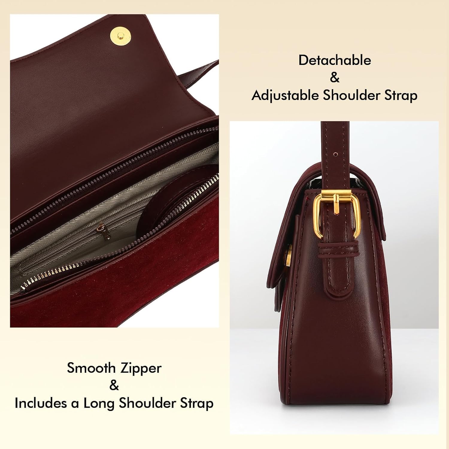 Shoulder Bag for Women Small Purse Mini Hobo Handbag Trendy Suede Purse with 2 Detachable Shoulder Straps - Image 5