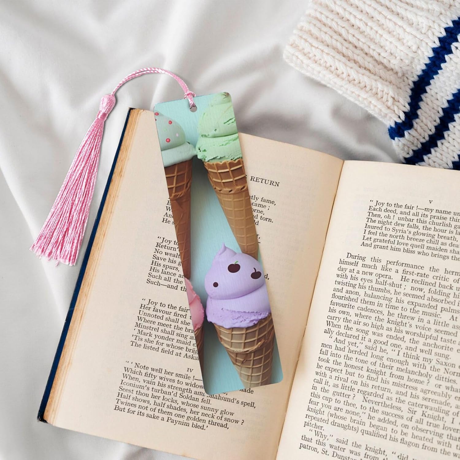 Ice Cream Cones Bookmark, Wooden Bookmarks for Book Lovers Handmade Wood Book Mark with Tassel Reading Page Markers Ornament Wooden Gift Tags Labels for Craft Decorations image 4