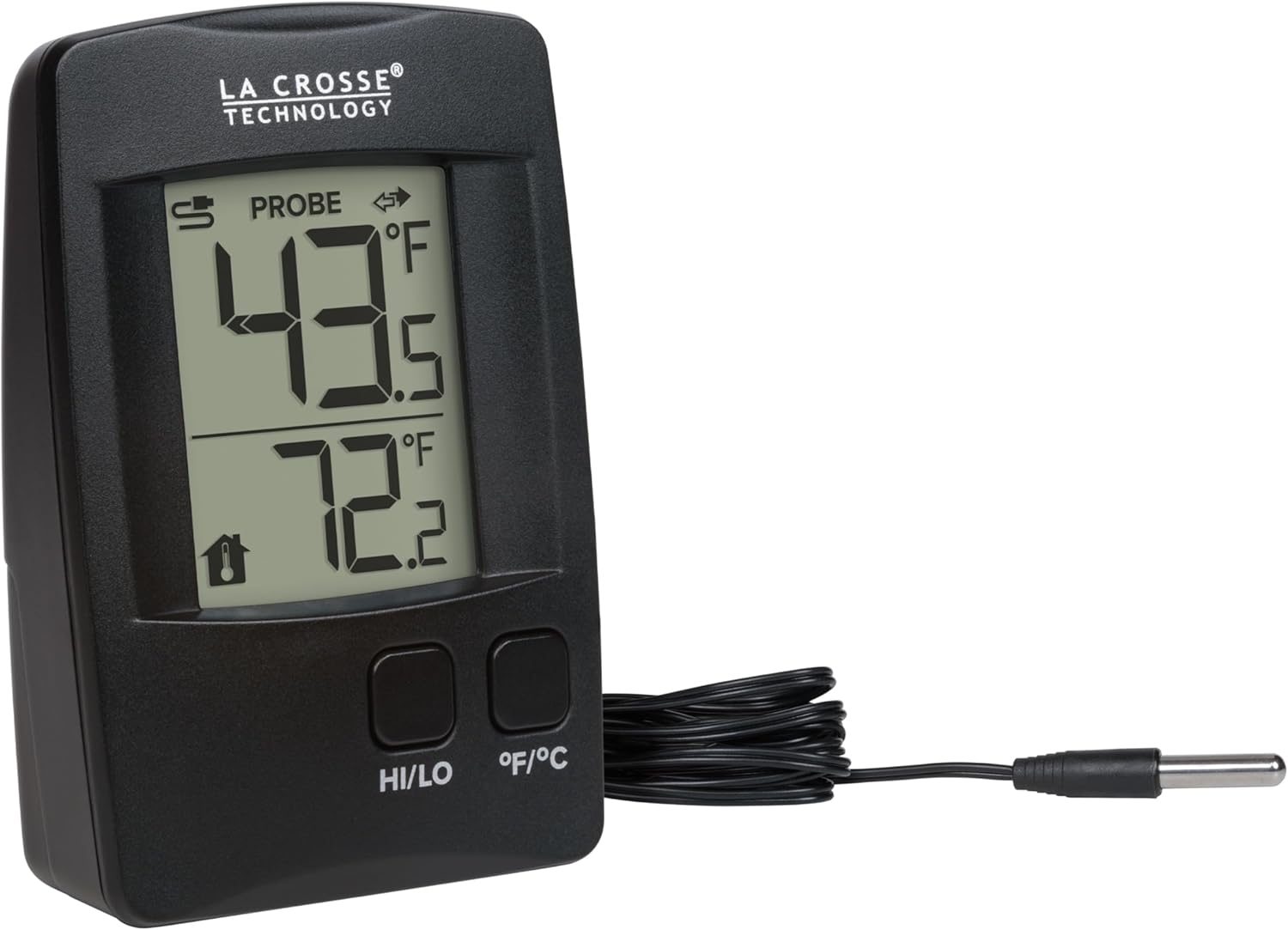 Фронт view of the La Crosse Technology 314-1410 digital thermometer displaying indoor and probe temperatures.