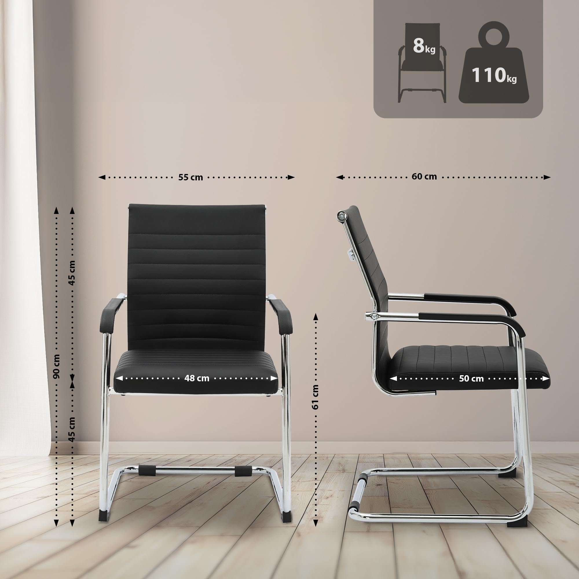 CLP Sedia da ufficio ergonomica Hakon, cantilever con braccioli, telaio in metallo cromato, sedia visitatore nera, sedia conferenza, Colore:nero