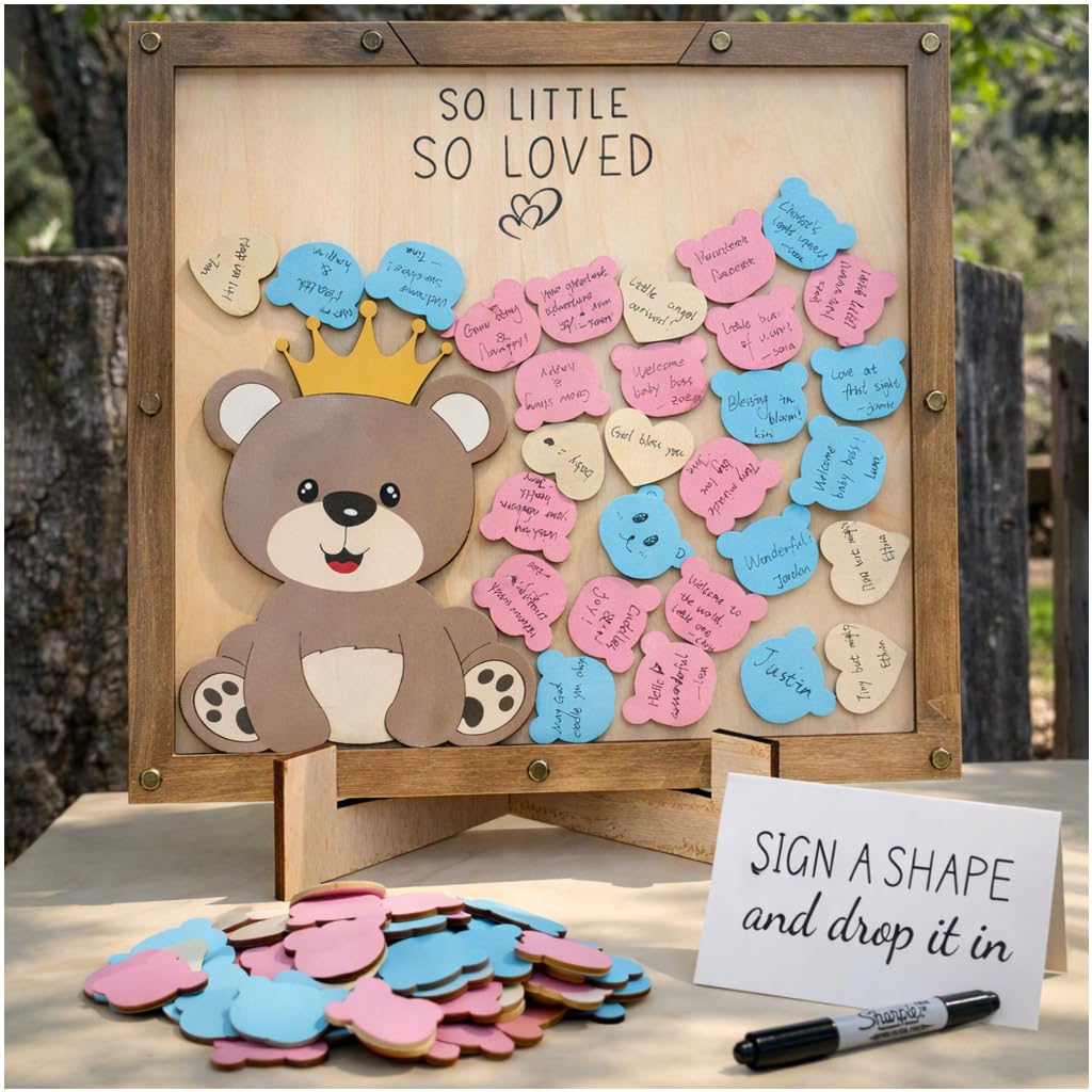 PARTYLOUD Baby Shower Guest Book Alternatives, Teddy Bear Baby Shower Decorations, Woodland Safari Baby Shower Sign in Guest Book Frame Decor