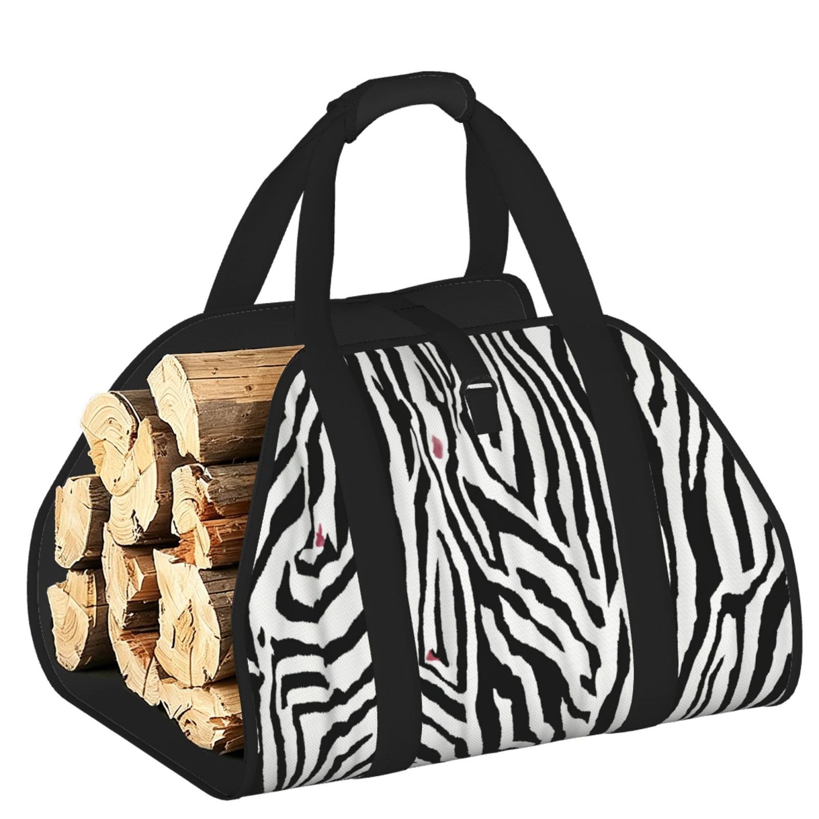 Zebra Print Printed Firewood Carrier Bag, Log Tote with Open-Ended Design for Camping Outdoor Wood Hauling