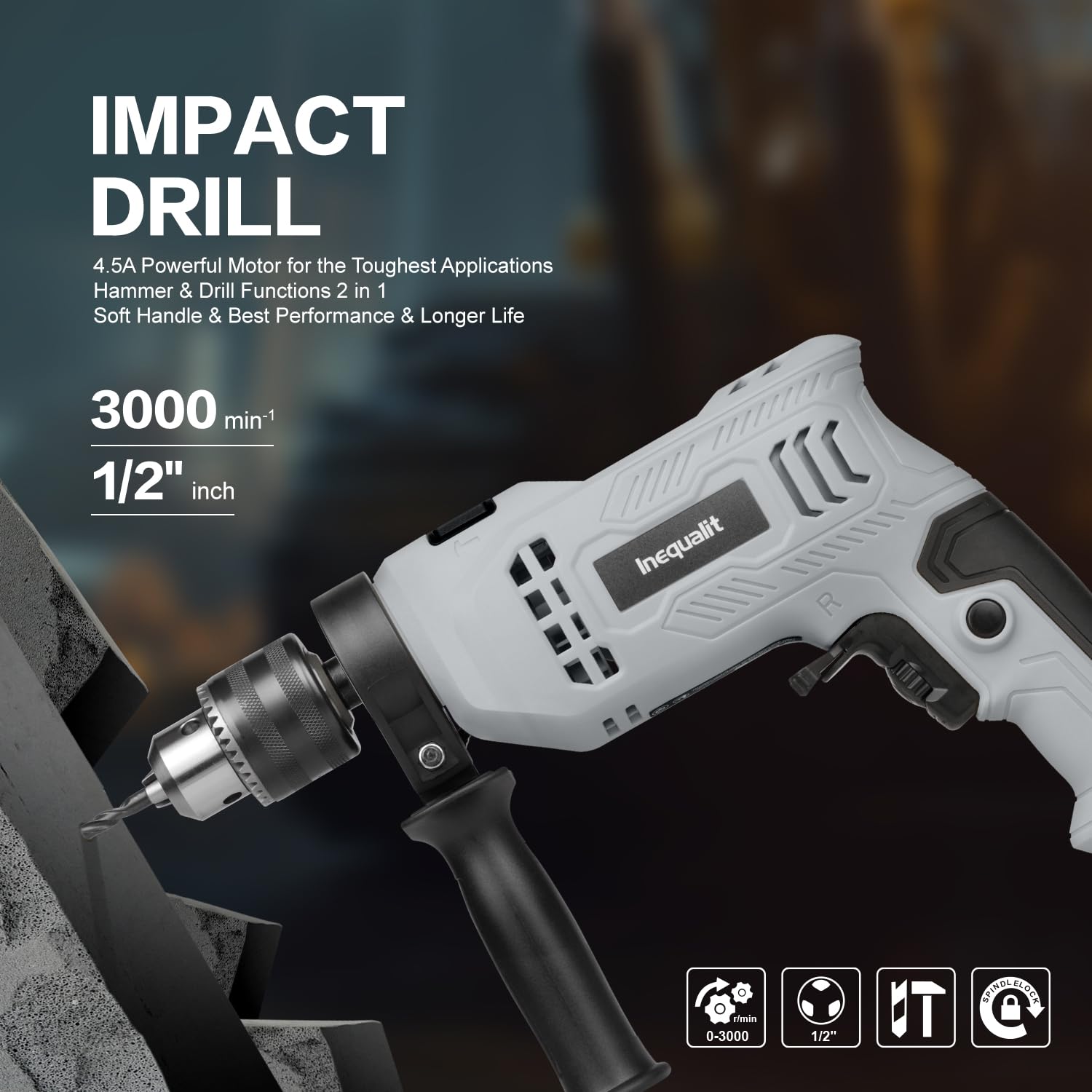 Trapano a percussione con cavo, 4,5 Amp, 0-3000 giri/min, mandrino da 1/2", set di accessori da 105 pezzi, controllo della velocità regolabile, manico girevole a 360°, profondimetro e