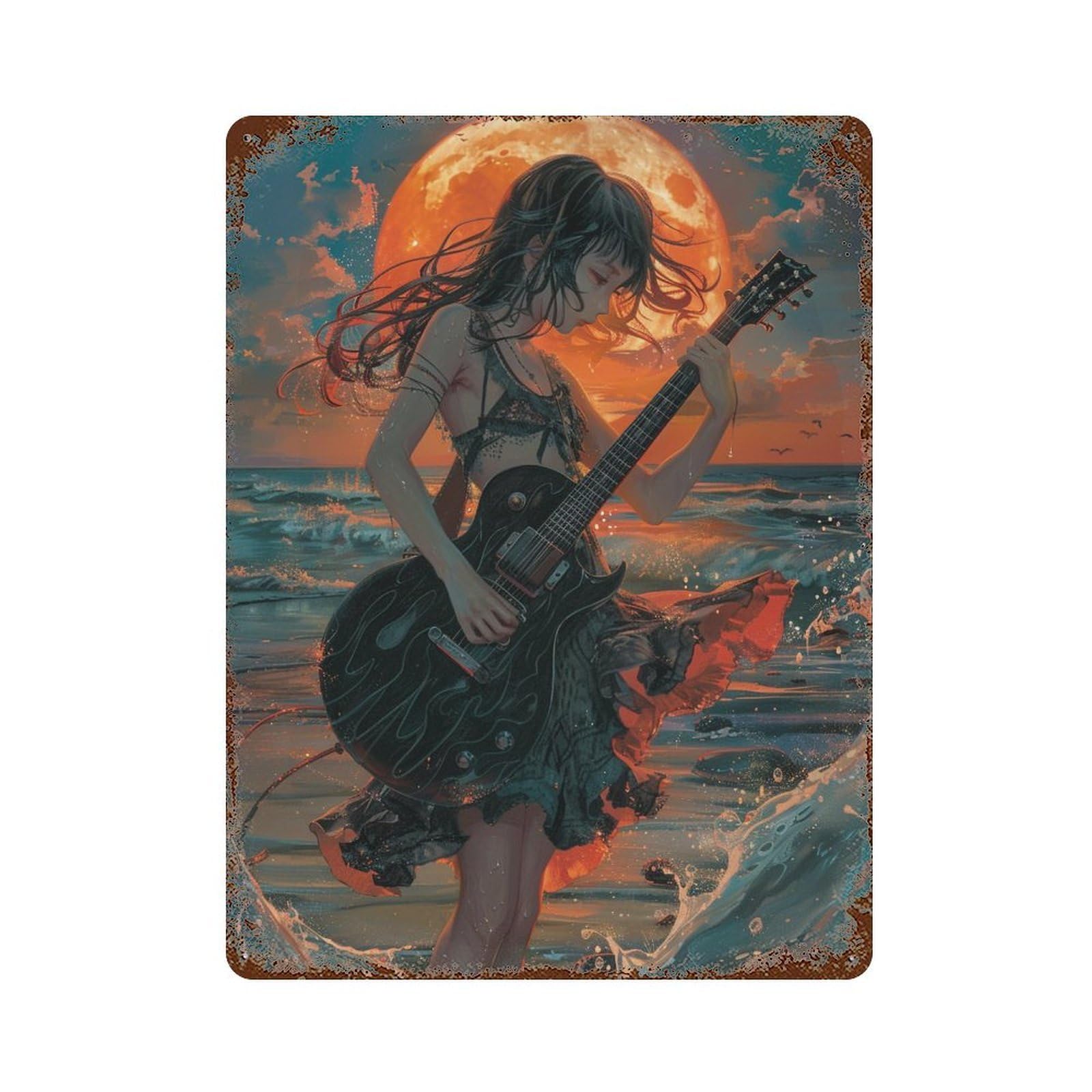 Garage Style Moonlit Guitarist by The Sea Rustic Tin Plaque 15.7"x11.8", Farmhouse Wall Decor for Bar And Workshop