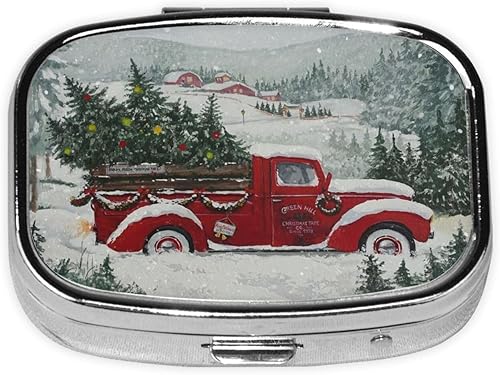Pastillero de camión rojo nieve de Navidad, pastillero pequeño para bolso y bolsillo, lindo organizador de píldoras, organizador diario de