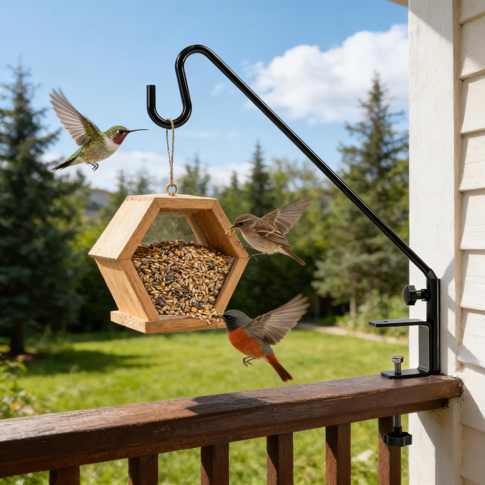 Gancho para comedero de pájaros con diseño de rotación completo, perfecto para decoración de balcón y jardín, gancho para comedero de pájaros