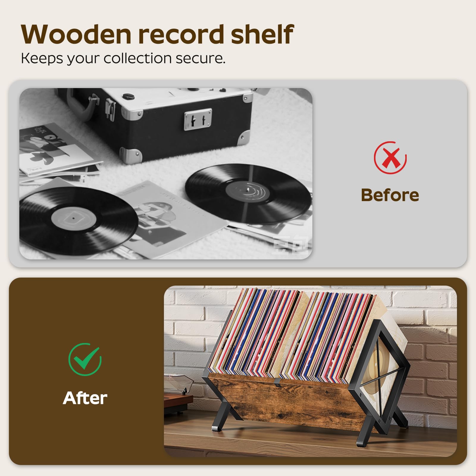 YATINEY Supporto per dischi in vinile, può contenere dischi da 80 a 100 LP, display in legno e metallo, organizer per dischi in vinile da montare rapidamente, per CD, libri, album, marrone rustico e