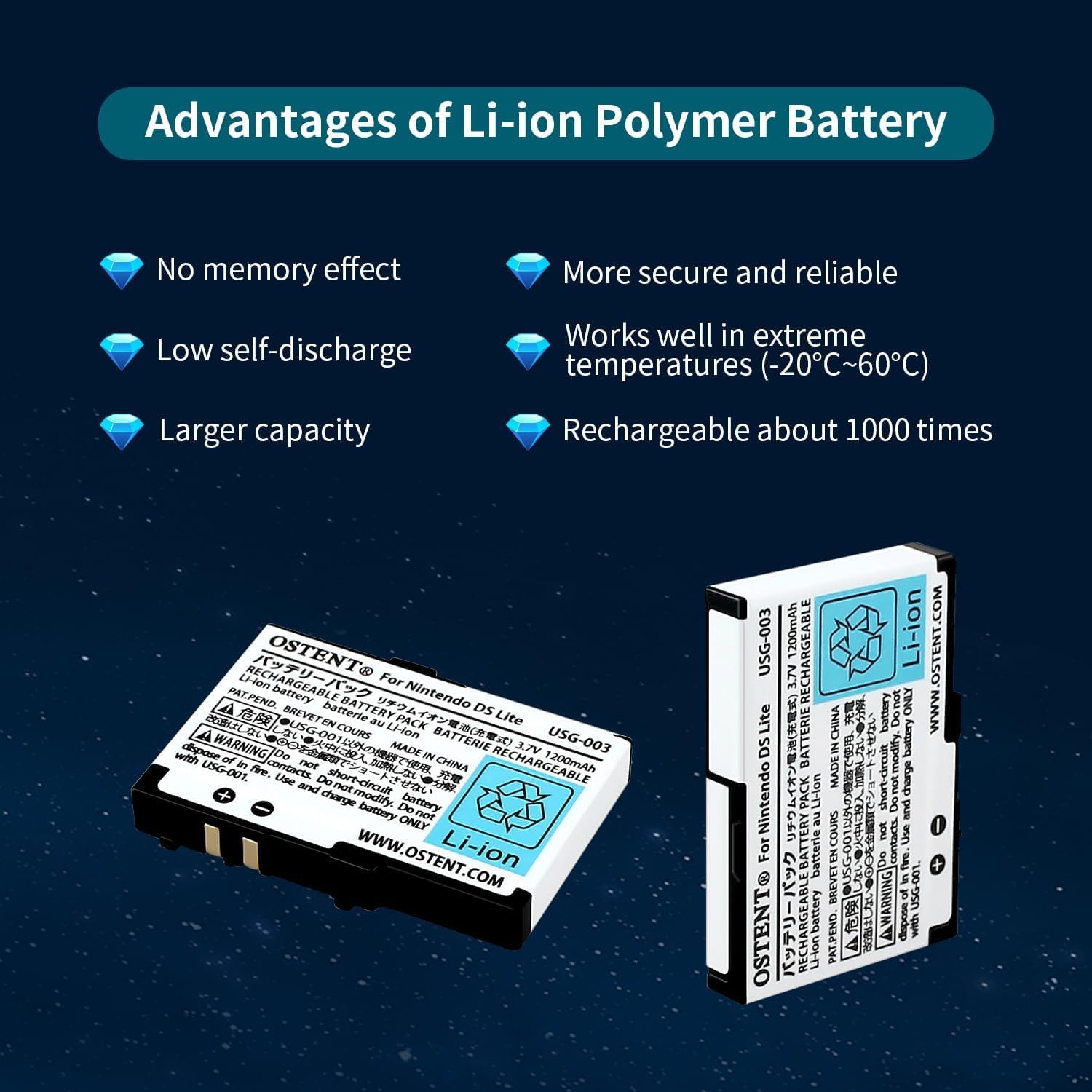 OSTENT 3,7 V 1200 mAh akumulator litowo-polimerowy do Nintendo DSL NDS Lite