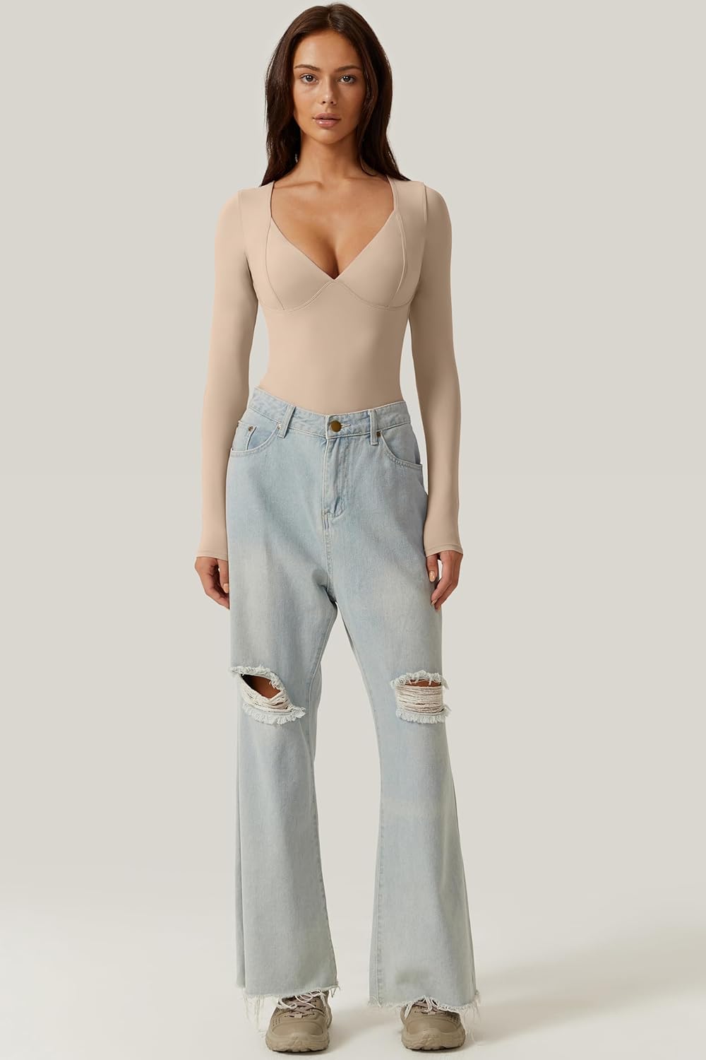 QINSEN Women's Long Sleeve Bodysuit V Neck Body Suits Seamed Cup Going Out Tops Shirt - Image 4