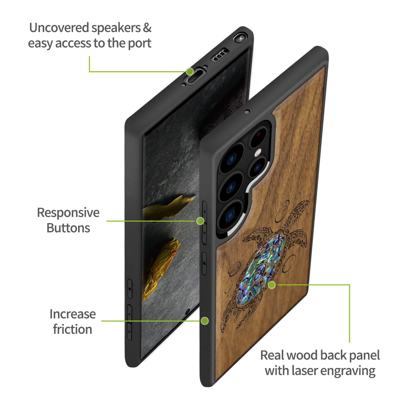 Carveit Funda de Madera Compatible con Galaxy S23 Ultra Carcasa Grabado en Madera e incrustación de mejillones Bumper TPU para Samsung S23 Ultra Accesorios Única (Nogal-Tortuga Marina)
