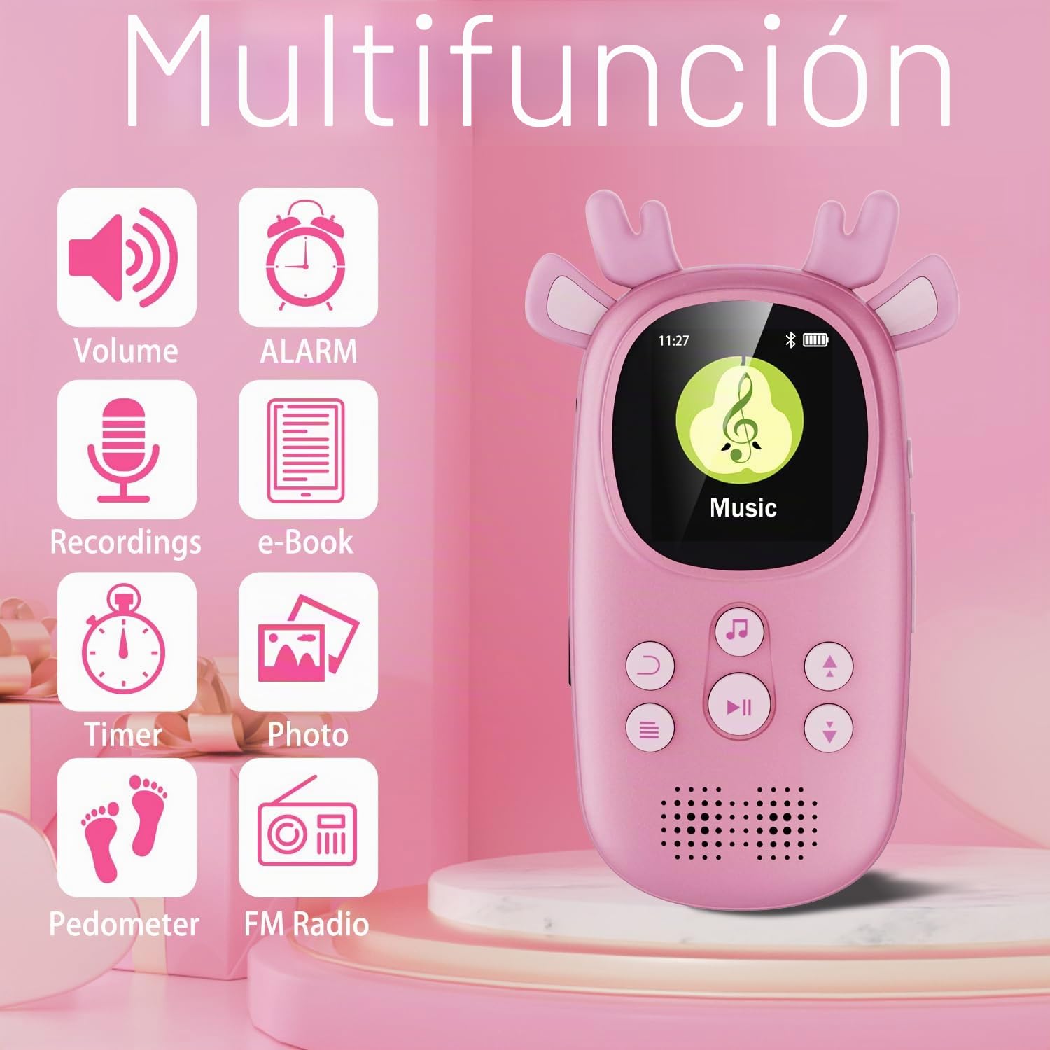 CCHKFEI Reproductor de MP3 para Niños de 64GB con Bluetooth de 5.3,1,8 Pulgadas, Bluetooth Reproductor de MP3 con Auriculares Reproductor Música Altavoces con Radio FM,Grabación,Podómetro,Cronómetro