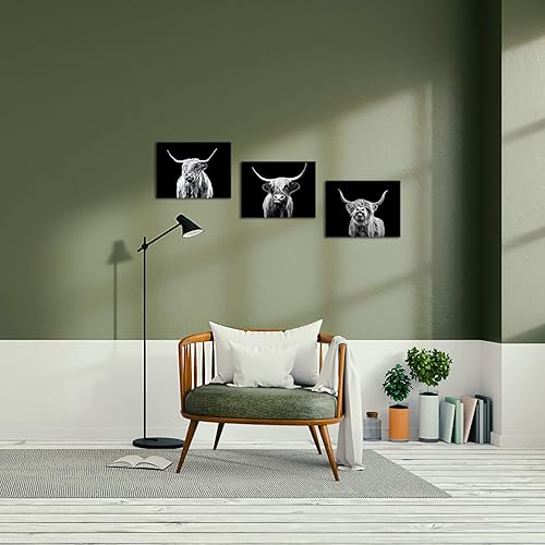 Miniatura 3 de Kreative Arts 3 piezas de arte de pared de Texas Longhorn en blanco y negro, arte de pared de animales de granja, ganado de las tierras altas,